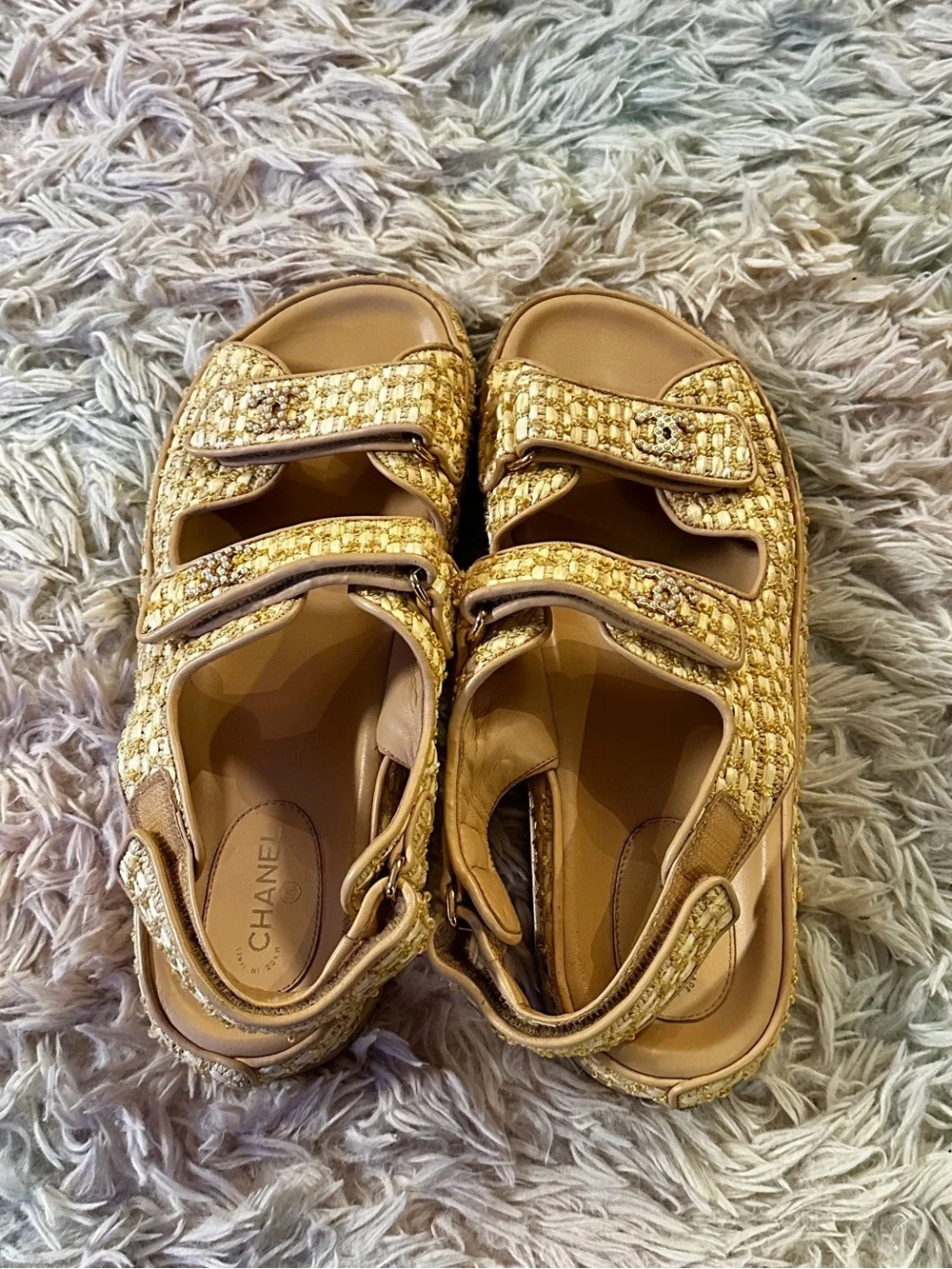 Chanel Authentic Raffia Pearl Velcro Dad Sandals Size 41